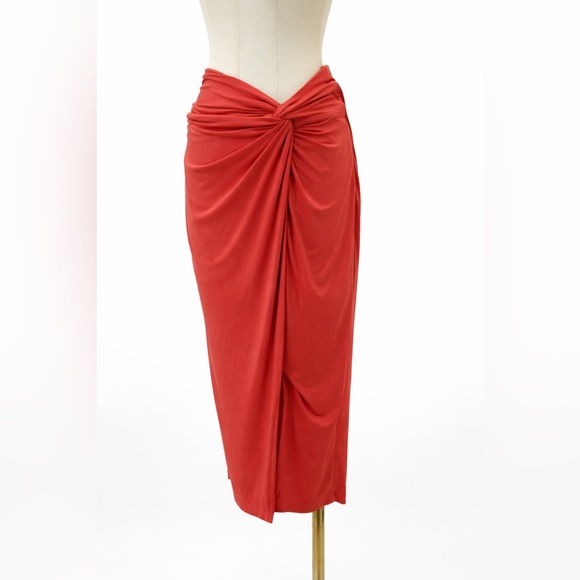 Express Coral Draped Midi Skirt with Twist Waist Sophisticated Evening Look - Picture 2 of 11